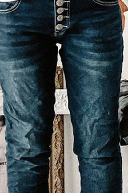Button Up Roll Hem Straight Leg Jeans