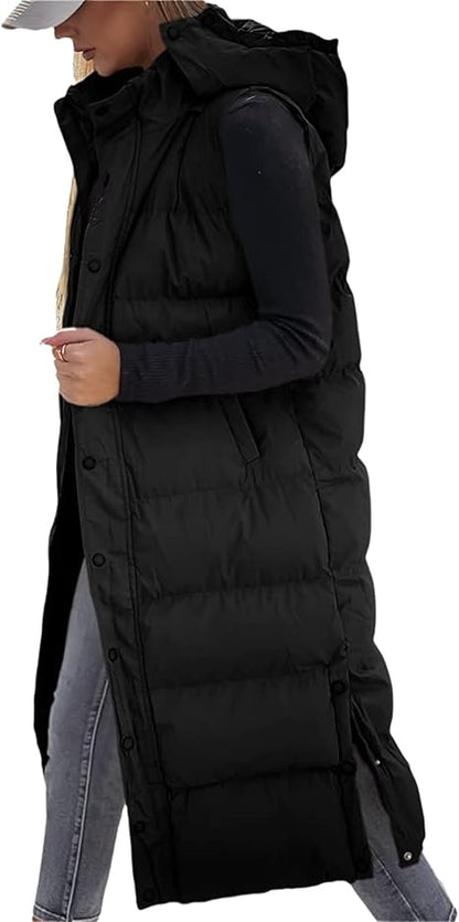 Women's Long Puffer Vest | Quilted Hood & Button Closure ❄️