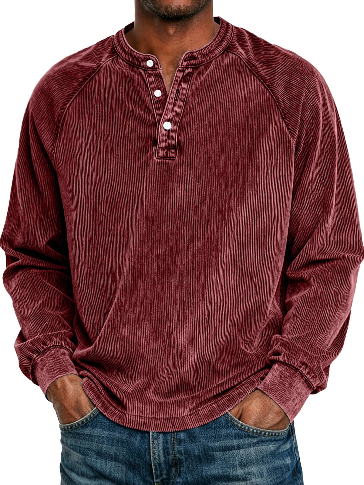 Men's Retro Raglan Corduroy Casual Long-Sleeve Henley Shirt