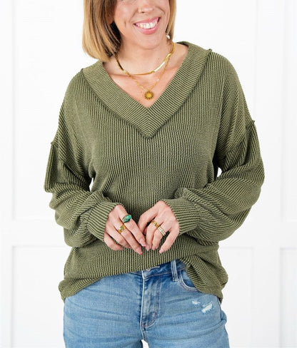 Women's Ribbed Long Sleeve V-Neck Pullover Tops (Buy 2 Free Shipping)