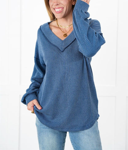 Women's Ribbed Long Sleeve V-Neck Pullover Tops (Buy 2 Free Shipping)
