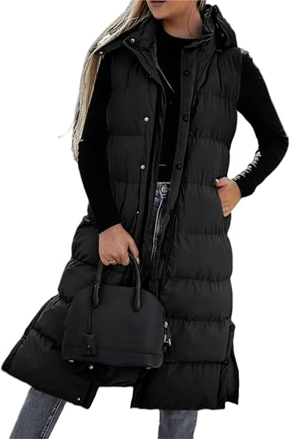 Women's Long Puffer Vest | Quilted Hood & Button Closure ❄️