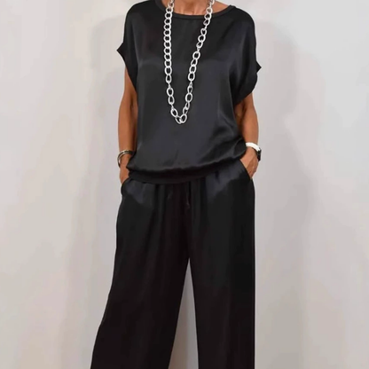 Women's satin short sleeve top and pants two-piece set