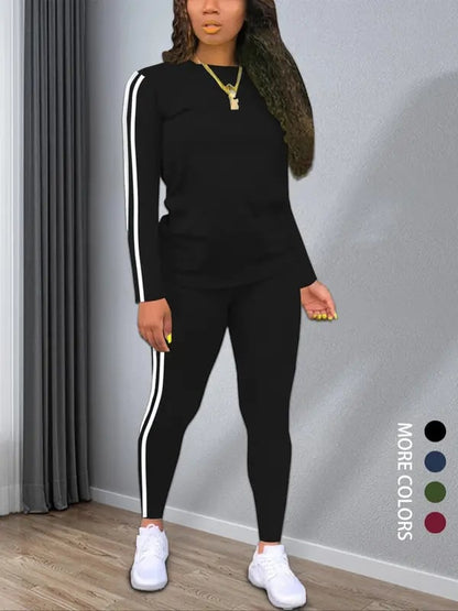 Women's Striped Print Long Sleeve Top & Pants Two-piece Set, Casual Fashion Cozy Round Neck Top & Trousers for Daily Outdoor Wear, Ladies Clothes [buy 2 Free Shipping]