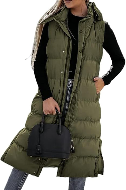 Women's Long Puffer Vest | Quilted Hood & Button Closure ❄️