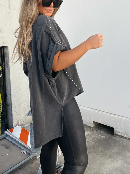 Washed Roll Sleeve Studded Oversized Short Sleeve Top  (Buy 2 Free Shipping)