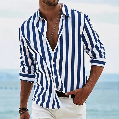 Men's Striped Print Shirt Casual Loose Long-sleeved Shirt